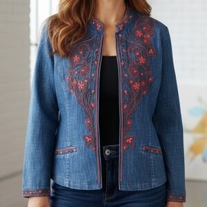 Chico's L Bohemian Western Ranch Rodeo Beaded Embroidered Denim Blazer Jacket
